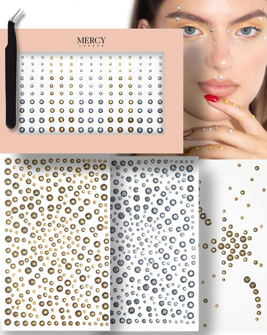 MERCY LONDON Face Gems in Metallic Gold Silver Studs, 866 Self Adhesive Makeup Face Gem Stickers, 4 Sheets, Reusable Eye Gems, DIY Face Gems