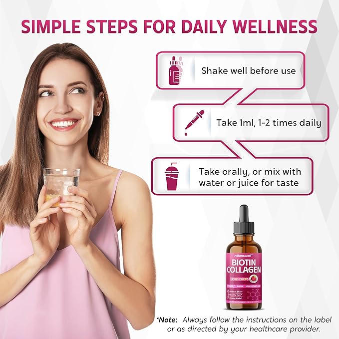 Biotin Collagen Liquid Drops 80,000mcg - Vitamin C, Niacin, Hyaluronic Acid - Radiant Skin, Healthy Hair, Strong Nails - Raspberry Flavor - Made in USA - 2.0 fl oz (60ml)