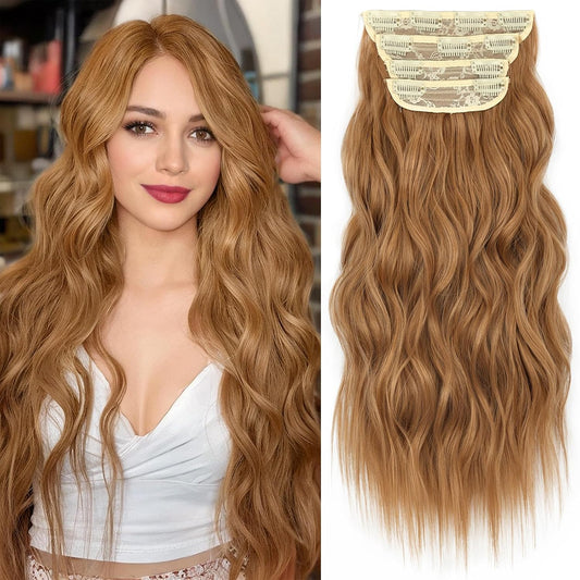 KooKaStyle Clip in Synthetic Hair Extensions Long Wavy 4PCS Thick Hairpieces Auburn Brown Fiber Double Weft Natural Hair Extensions 20 Inch for Women