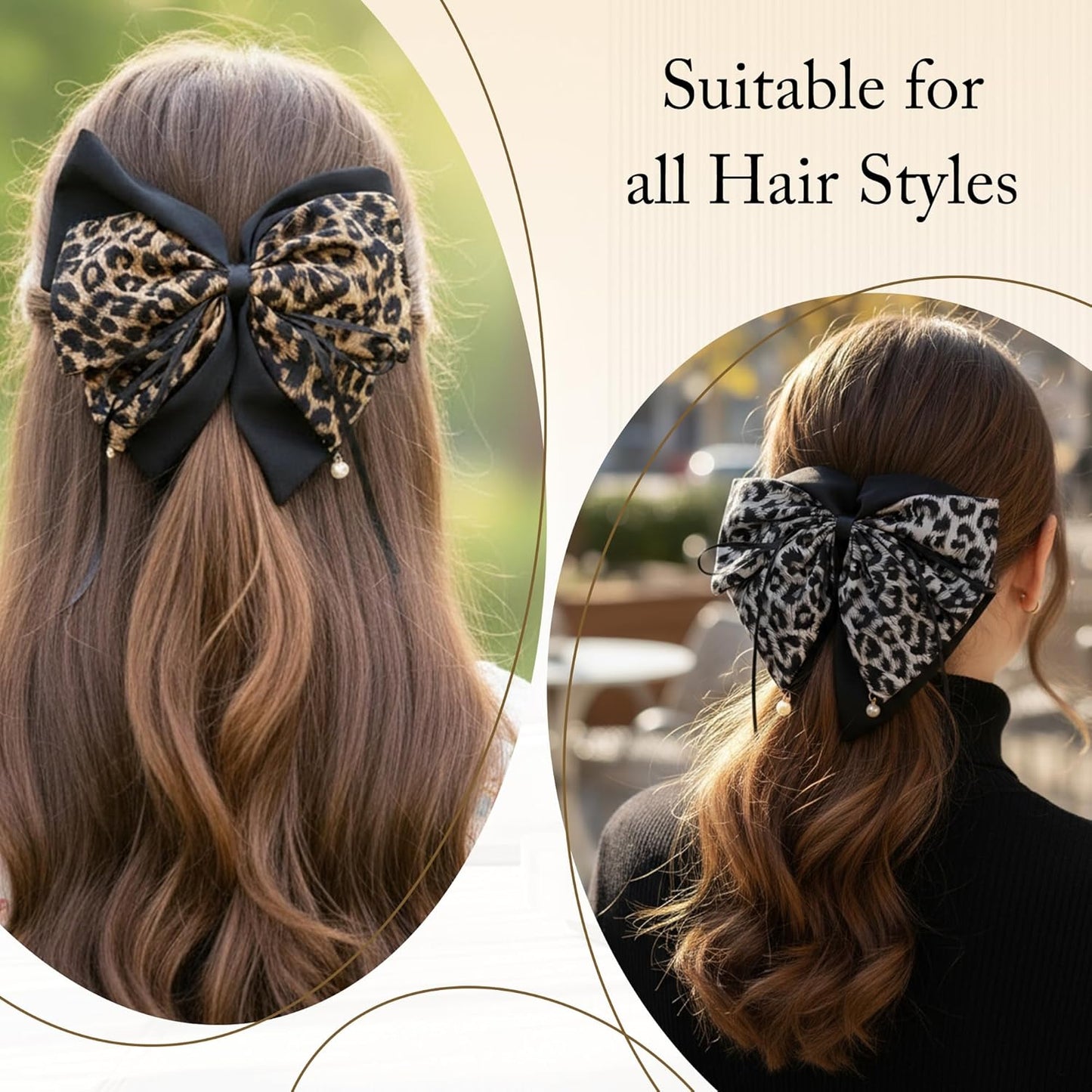 2PCS Leopard Pearl Print Bow Hair Ponytail Claw clip, Non-Slip Hair Grips for Women, Ribbon Bowknot Hair Clips French Style with Long Tail for Women Girls Ponytail Hair Decorations Accessories