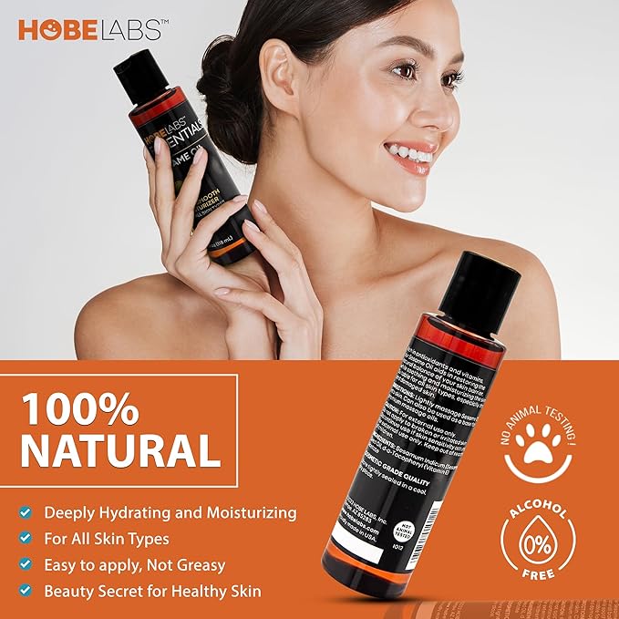 Hobe Labs Sesame Oil - 4 oz - Natural Moisturizer for All Skin Types, Antioxidant & Vitamin Rich Formula, Premium Massage Oil with Light Texture to Rejuvenate and Revitalize