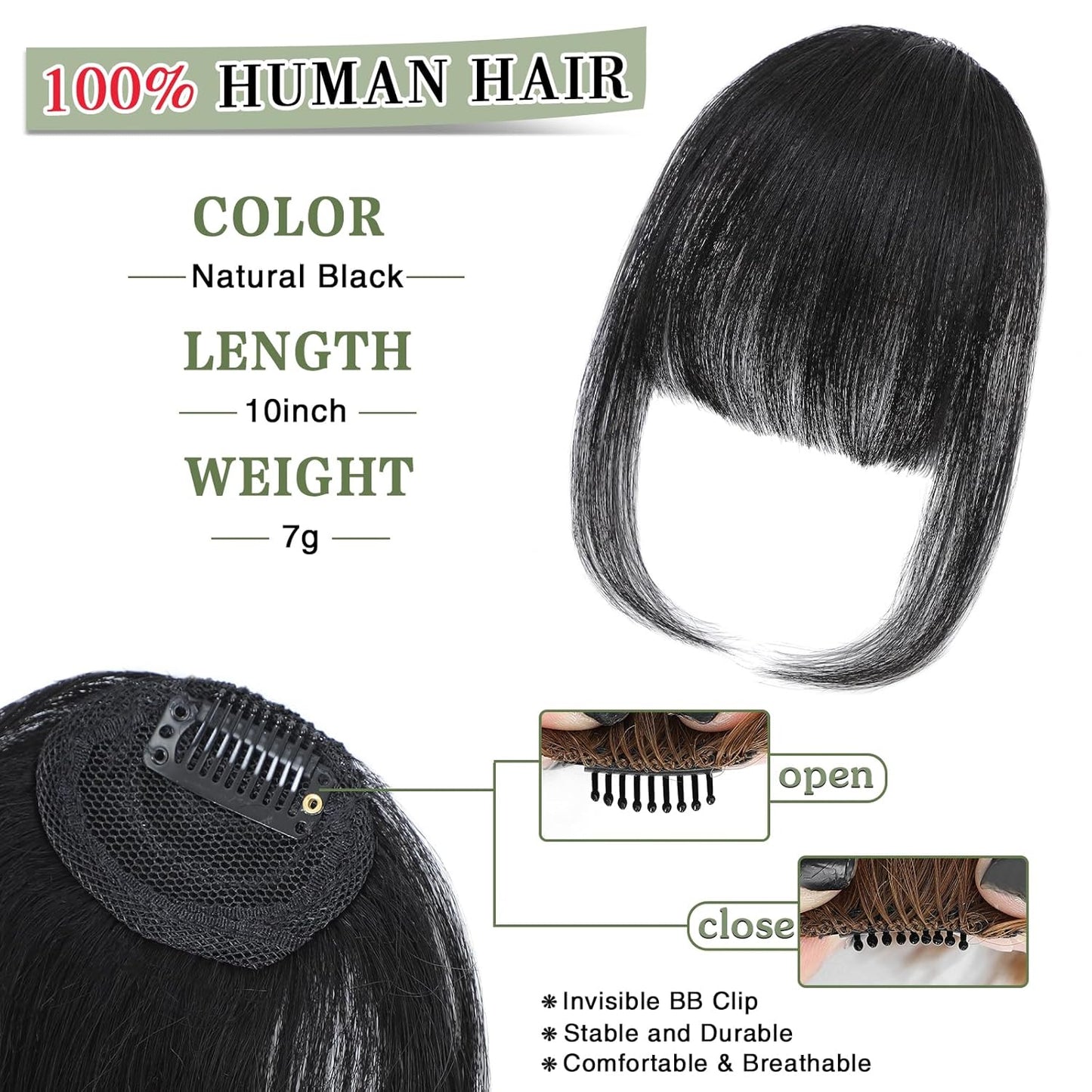 Clip in Bangs for Women - 100% Real Human Hair Wispy Bangs Hair Clip with Temples Hairpieces Fake Bangs for Daily Wear (Natural Black, Wispy Bangs)