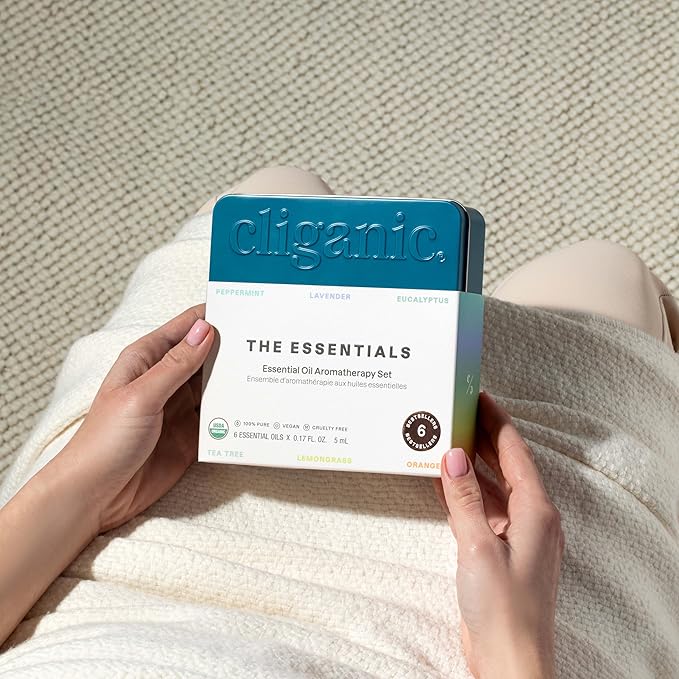Cliganic Organic Aromatherapy Essential Oils Set (Top 6 - The Essentials), 100% Pure Natural - Peppermint, Lavender, Eucalyptus, Tea Tree, Lemongrass & Orange (Packaging May Vary)
