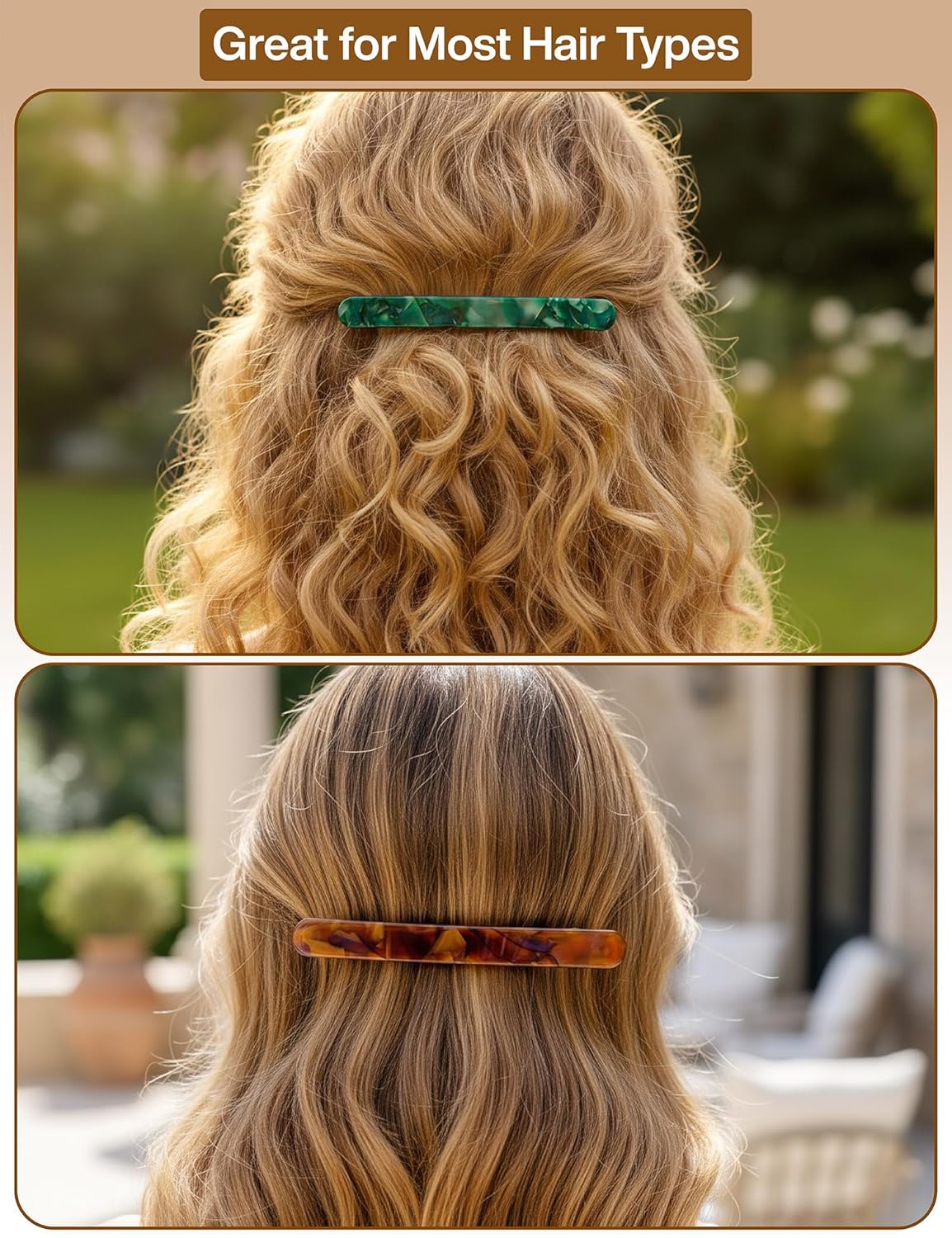 4 Inch Large Hair Barrettes for Women - Strong Hold French Clips for Thick/Thin Hair, Tortoiseshell Acetate Accessories for Ponytail, Half-Up Hairstyles - 3 Pack (Brown, Green, Grey Black)