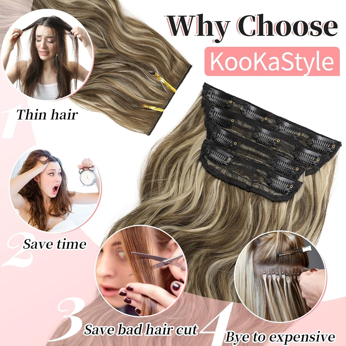KooKaStyle Clip in Synthetic Highlight Hair Extensions Long Wavy 4PCS Thick Hairpieces Medium Brown Ash Blonde Fiber Double Weft Natural 24 Inch for Women
