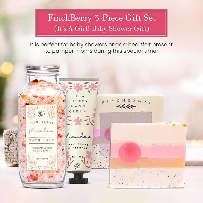 FinchBerry 3-Piece Gift Set - It’s A Girl! Baby Shower Gift, New Mom Care Package, First-Time Mom Gifts, Baby Girl Gift – Includes Handmade Shea Butter Soap(4.5oz), Bath Soak (20oz) & Hand Cream (1oz)
