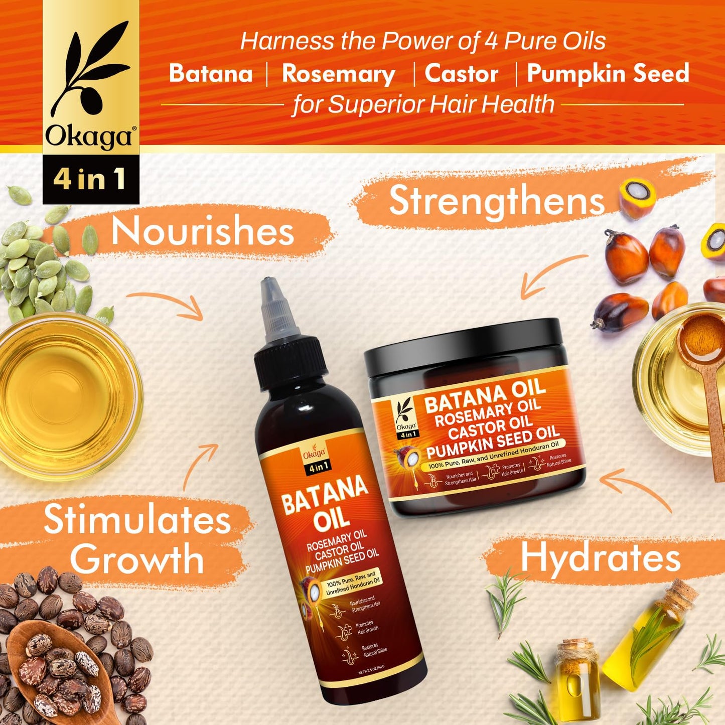 Batana Oil and Cream for Hair Growth Bundle, Rosemary, Castor, and Pumpkin Seed Oils, Pure & Unrefined, Nourishes, Revives Scalp & Strands, Softens, Smooths, Strengthens for All Hair Types