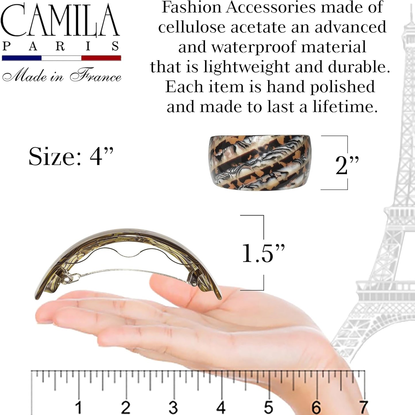 Camila Paris CP3620 French Hair Barrette Clip for Girls for Thick Curly Wavy Long Hair, Strong Hold Grip Hair Clips for Women, Automatic, No Slip Styling Girls Hair Accessories, Handmade in France