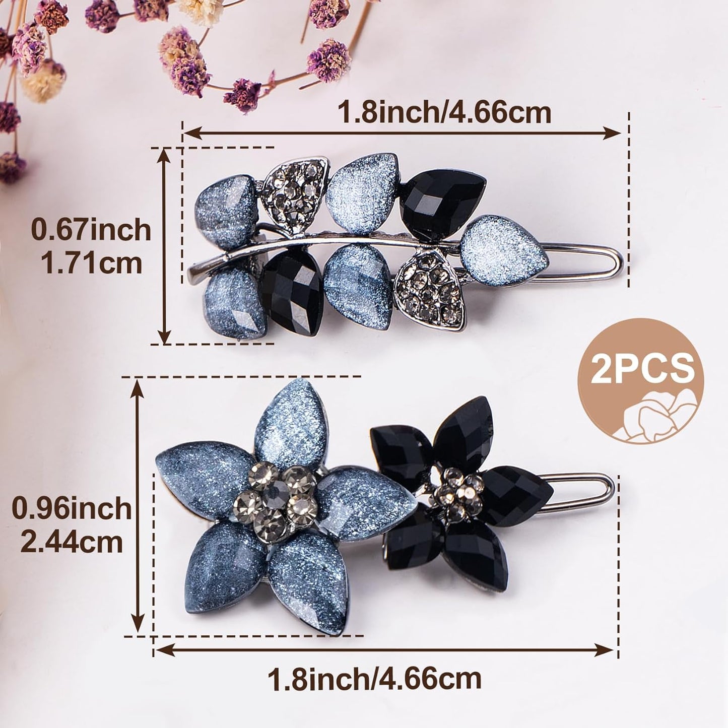 Joez Wonderful 2 Pcs Vintage Rhinestone Hair Clips, Fancy Ink-Blue & Black Hair Barrettes, Decorative Flower Hair Clips, Formal Hair Accessories for Wedding, Women, Bride (1.8 Inch)