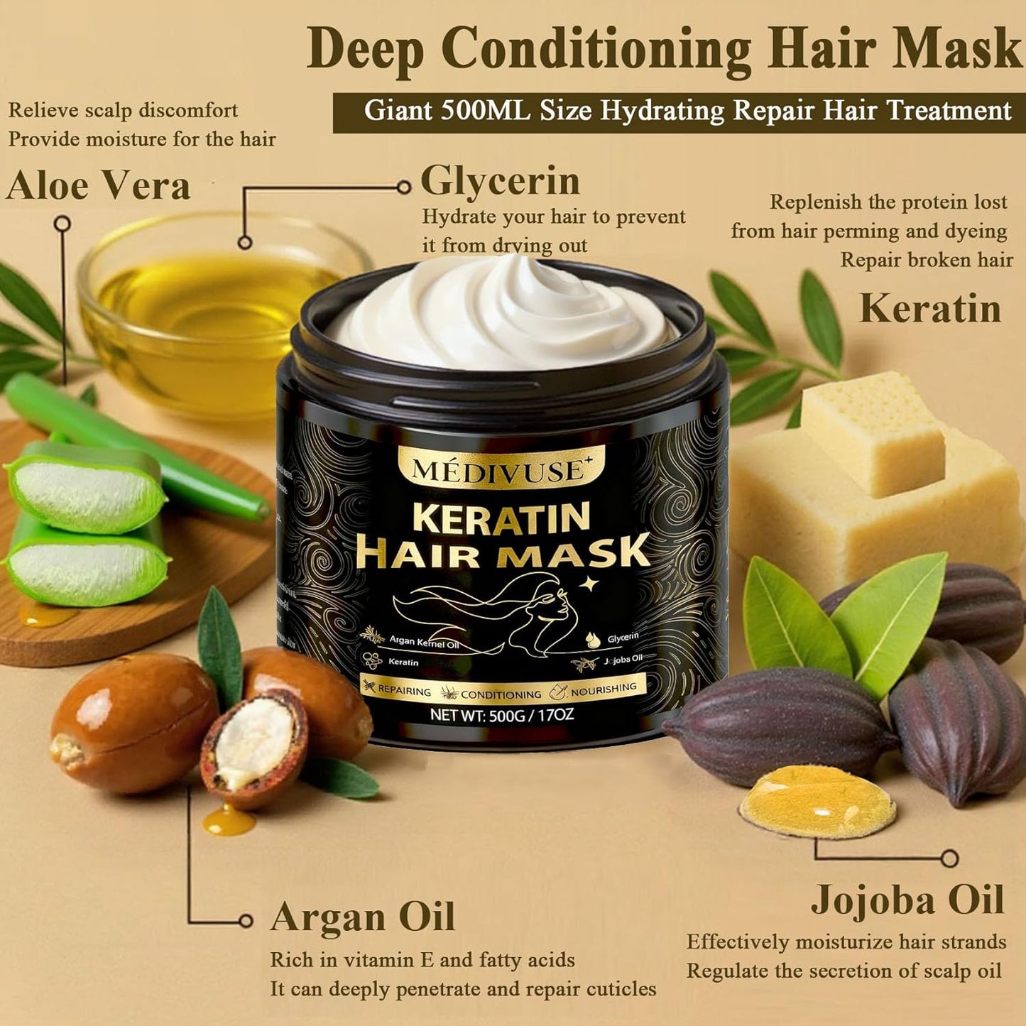 Deep Conditioning Hair Mask - Keratin Mask with Argan Oil - Giant 500ML Size Jojoba Oil Natural Hydrating Repair Hair for Damaged Frizzy Dry Hair Treatment - Fits All Hair Types (17 oz), Argan Oil