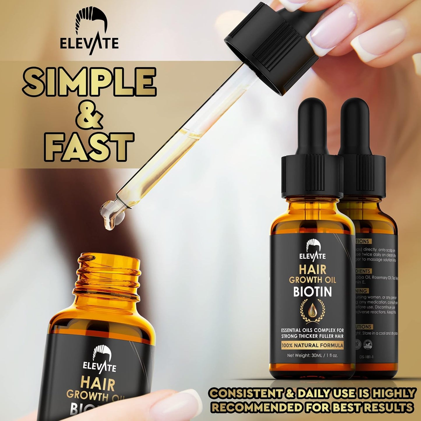ELEVATE Hair Growth Oil - Biotin Serum & Castor Oil Natural Vitamin Treatment for Stronger, Thicker, Longer Hair and Regrowth - Prevent Thinning and Loss for Men & Women, 1 Fl Oz