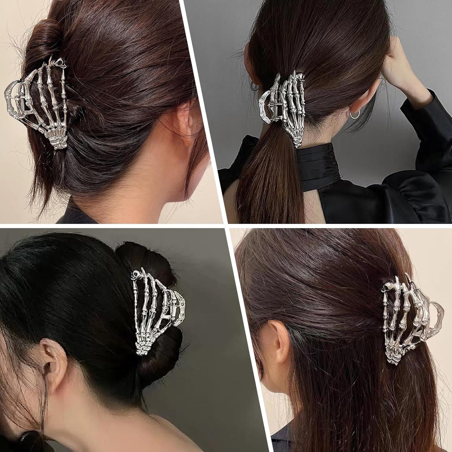 Skeleton Hand Claw Clips - Metal Silver Alloy Nonslip Terror Ghost Hand Strong Hold Punk Gothic Catch Clips for Women - Thick or Thin Hairs