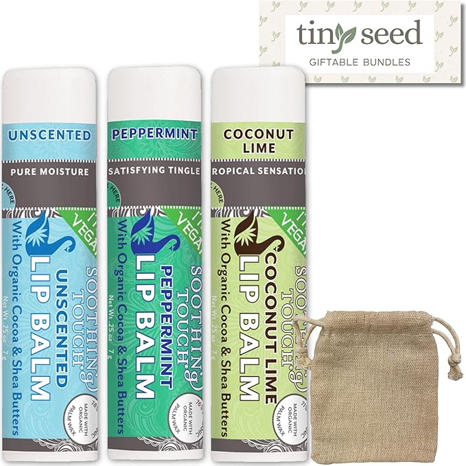 Vegan Lip Balm Set - Variety Pack of 3 Soothing Touch Lip Balms. Large 0.25 oz size. Includes Bonus Muslin Pouch (3 x 4 in). Unique Gift Bundle from Tiny Seed (Coconut Lime, Peppermint, Unscented)