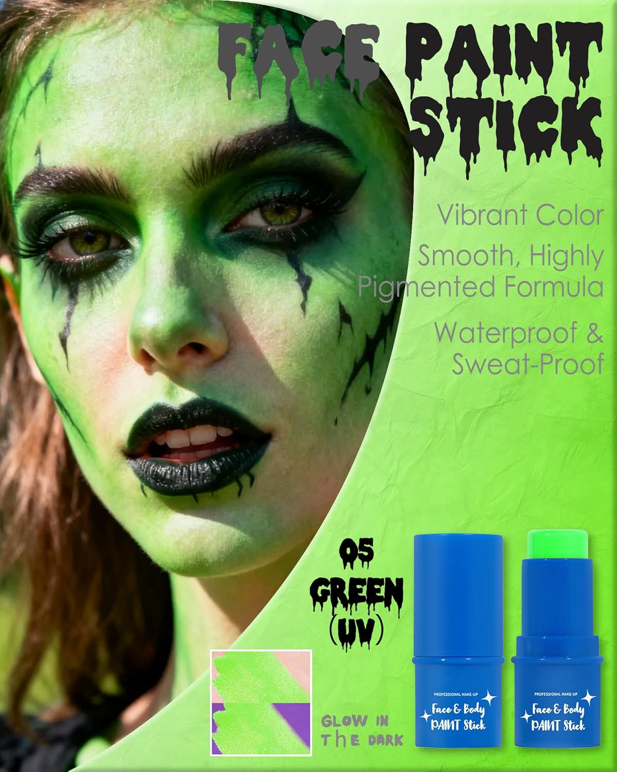 Green Face Paint Stick, Waterproof Highly Pigmented Glow in the Dark Body Paint, Green Eye Black Baseball Painting Stick, Body Painting for Patrick’s Day Halloween SFX Cosplay Makeup-05