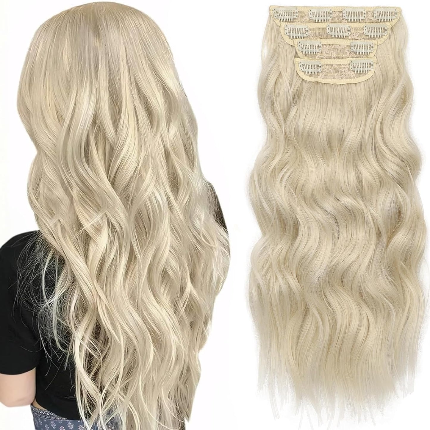KooKaStyle Clip in Synthetic Hair Extensions Long Wavy 4PCS Thick Hairpieces Platinum Blonde Fiber Double Weft Natural Hair Extensions 20 Inch for Women