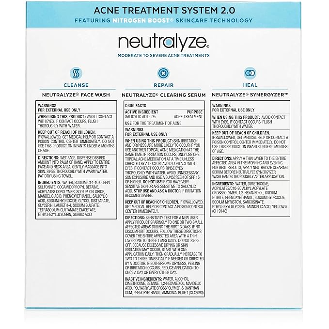 Moderate to Severe Acne Treatment Kit - Maximum Strength 3 Step System with 2% Salicylic Acid, 2% Mandelic Acid & Nitrogen Boost Skincare Technology - Acne Medication for Teens & Adults (90+ Day)