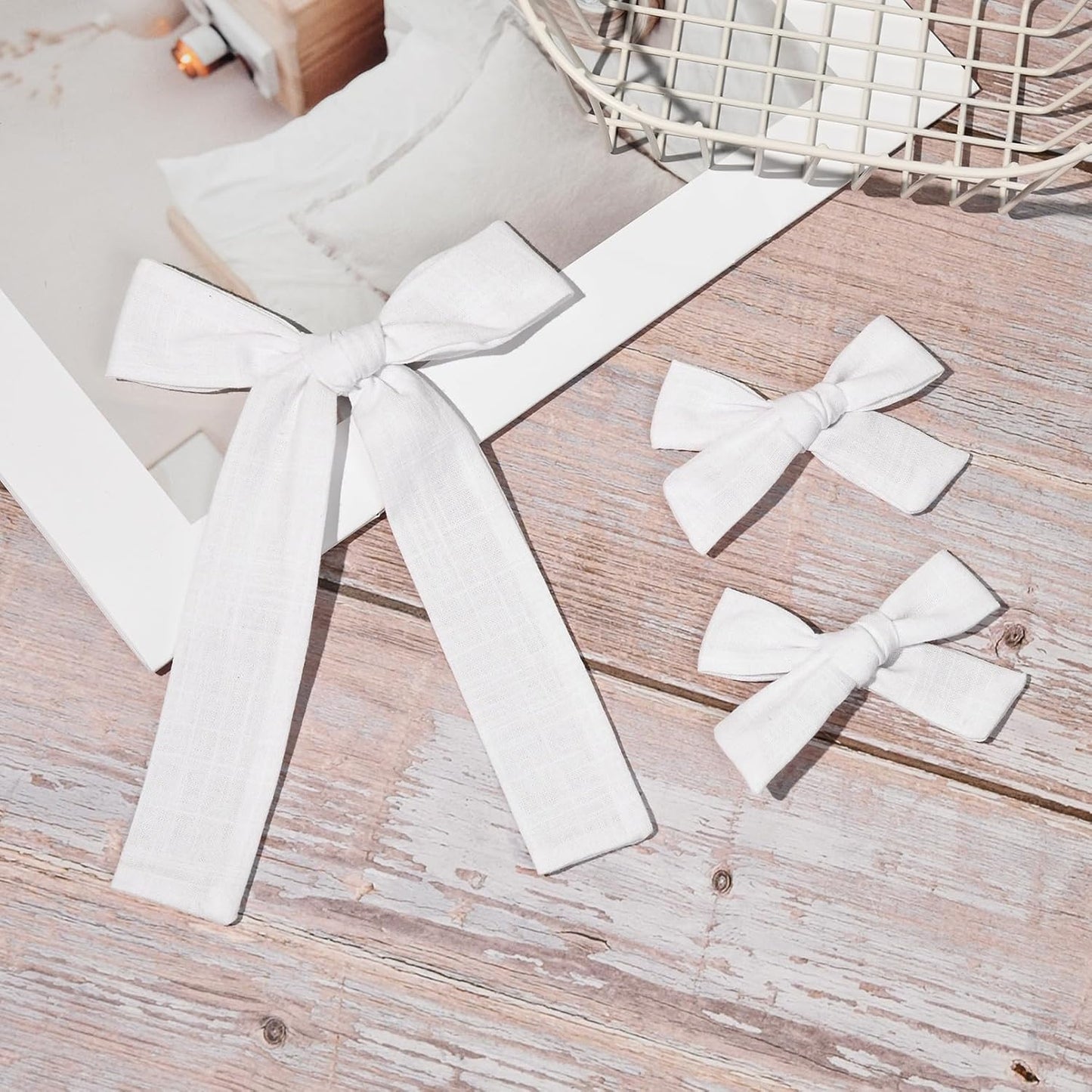 DEEKA White Cotton Linen Hair Bows 2 Sizes 5"&3.5" Soft Hair Bow set for Toddler Girls Long Ponytail Knot Bows Alligator Clip Hair Accessories for Little School Girls (White)