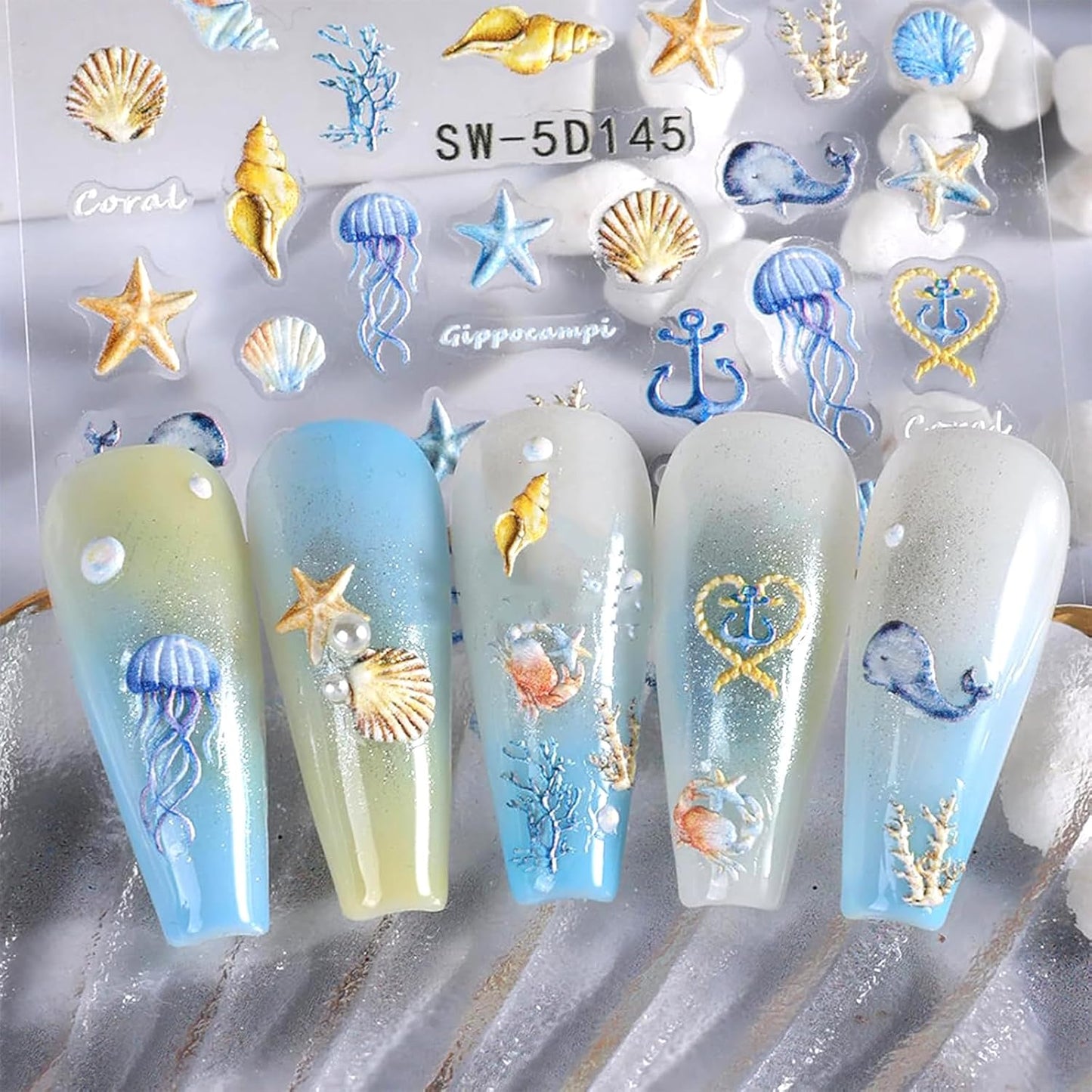 4 Sheets Summer Nail Stickers for Nail Art 5D Summer Nails Decals 3D Self-Adhesive Nails Supplies Accessories Shell Jellyfish Starfish Stickers for Women Nails Decoration