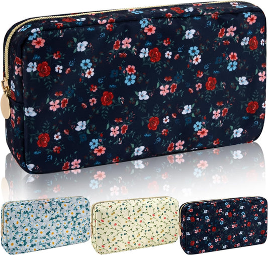 Iqimott Nylon Small Makeup Bag Cosmetic Zipper Pouch, Cute Floral Preppy Cosmetic Bag Make Up Pouch Purse, Waterproof Travel Toiletry Bag Coin Purse Storage Organizer Bag for Women Girls(Black Rose)