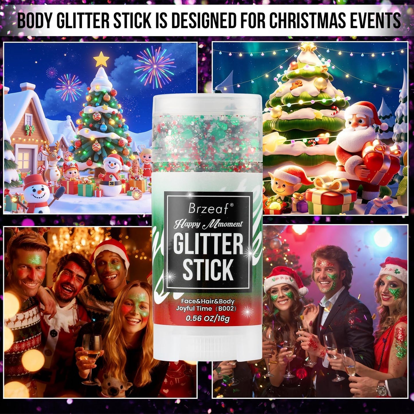 Brzeaf Waterproof Face and Body Glitter Stick, Shimmery& Long Lasting, Christmas Hair Eyeshadow Face Body Glitter, Singer Concert Rave Festival, Glitter Stick Makeup & Face Glitter Gel