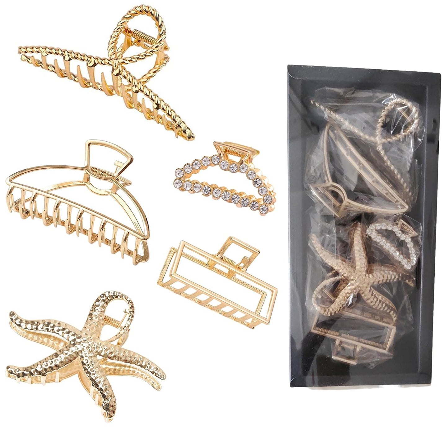 Elegant Hair Clips Set, 5 Piece Gold Metal Claw Clips with Crystal and Starfish Design, Large Size Hair Accessories for Women