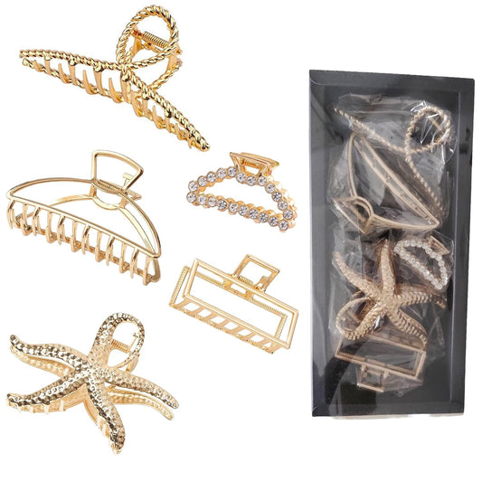 Elegant Hair Clips Set, 5 Piece Gold Metal Claw Clips with Crystal and Starfish Design, Large Size Hair Accessories for Women