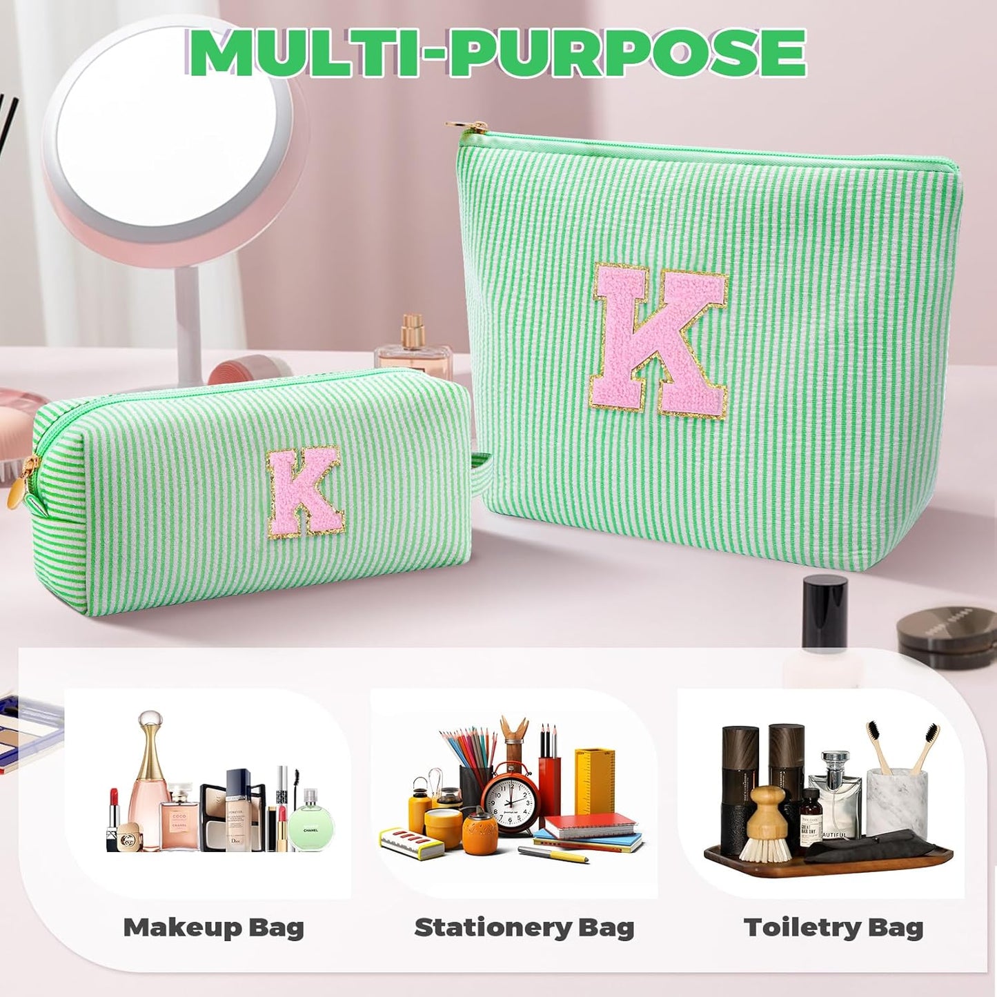 Monogrammed Gifts for Women - Cosmetic Bag for Teen,Initial Cute Makeup Bag Set for Women,Trendy Pouch for Niece Sister Friend Female Her,Birthday Gifts for Daughter - Green,K
