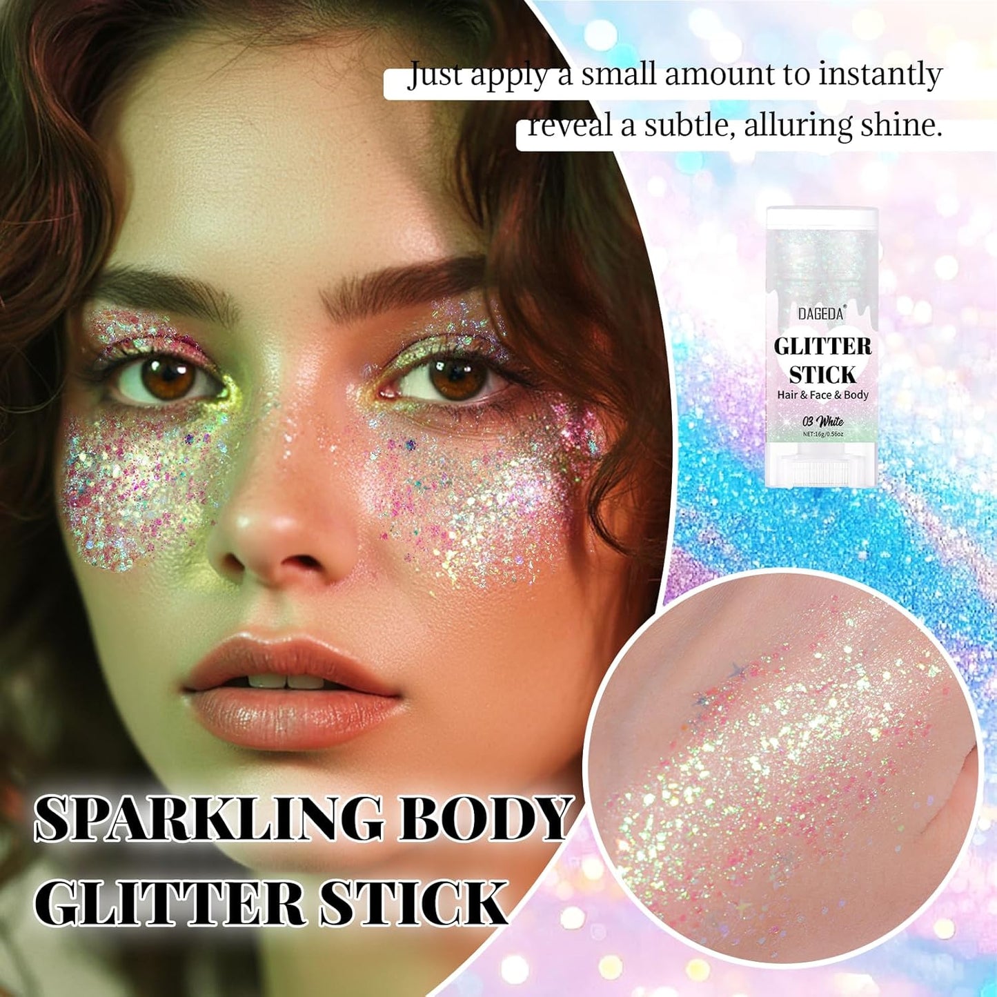 DAGEDA White Body Glitter Stick,Sparkly Face Glitter Makeup,Holographic Hair Glitters Mermaid Makeup Rave Outfits for Women, Shimmer Face Paint Stick Singer Concert Accessories