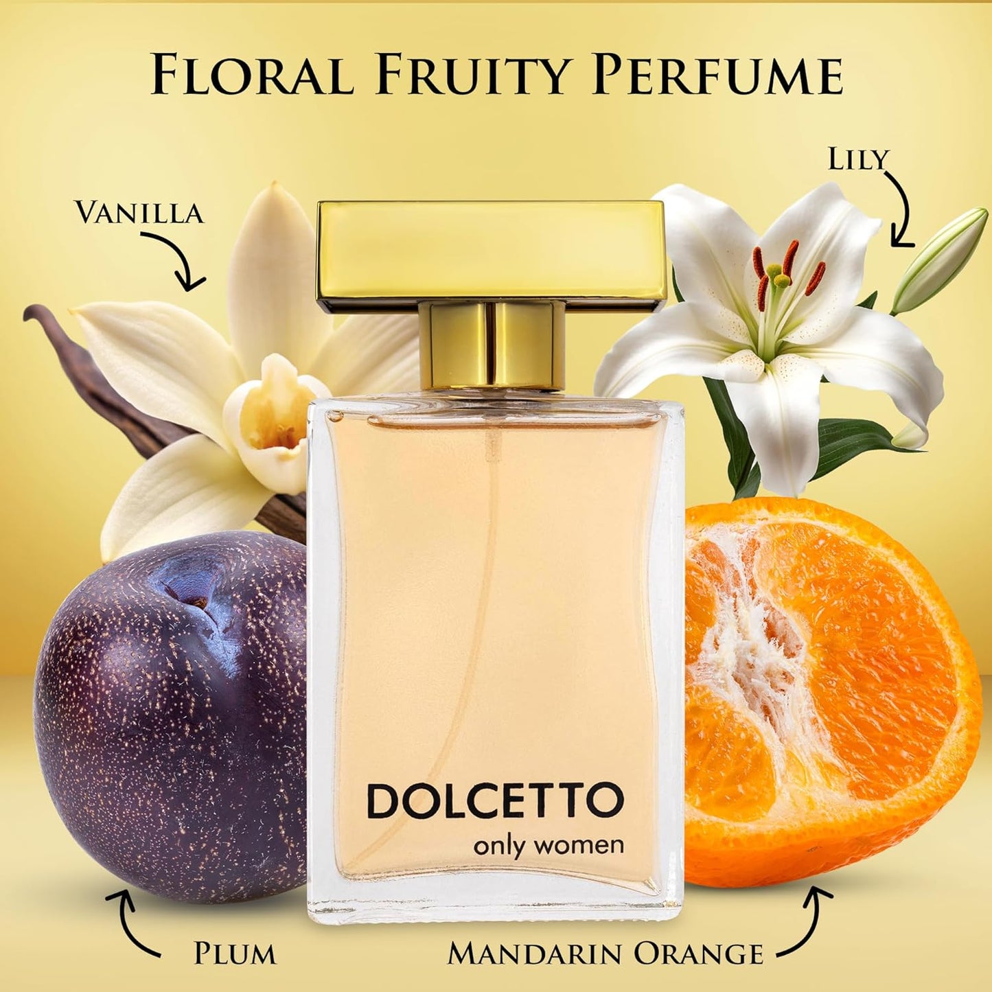 Dollceto Only for Women Eau De Parfum - Floral Fruity Fragrance - Top Notes of Bergamot, Citrus Mandarin, Lychee & Sweet Peach - Base of Vanilla, Haitian Vetiver, Warm Amber - Elegant 100ml Bottle