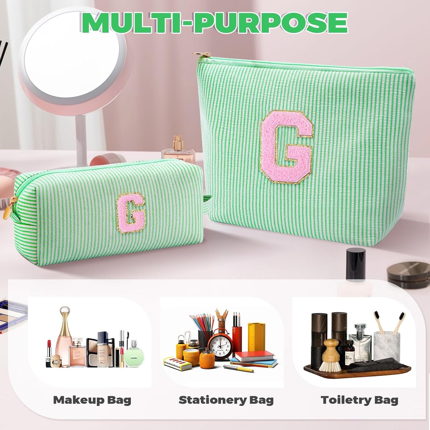 Personalized Makeup Bag for Women Girls - Fashion Cosmetic Bag Trendy Travel Toiletry Bag with Initials Letter - Teen Gifts - Green,G