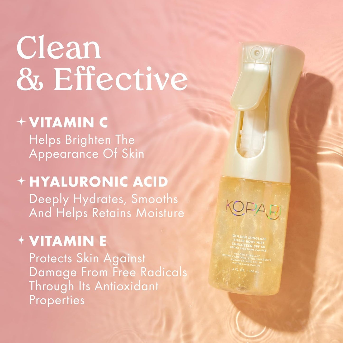 Kopari Golden Sunglaze Sheer Body Mist Sunscreen SPF 50, Infused with Shimmering Body Oil, Hydrating Mist, Hydrates, Brightens, Gives Skin a Glowy Finish, Lightweight, Fast-Absorbing.