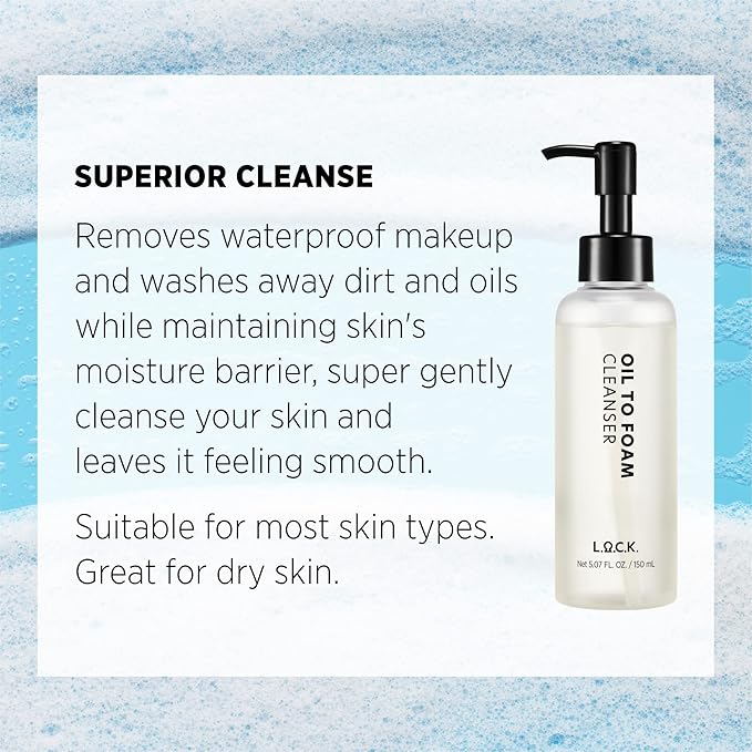 L.O.C.K. Oil To Foam Cleanser - Vegan Olive Based Cleanser, Makeup Remover, Best For Waterproof Makeup, Vegan, Natural Skincare, Gentle For Everyone, Premium Quality, Clean Beauty, 5.07 Fl Oz. 150ml