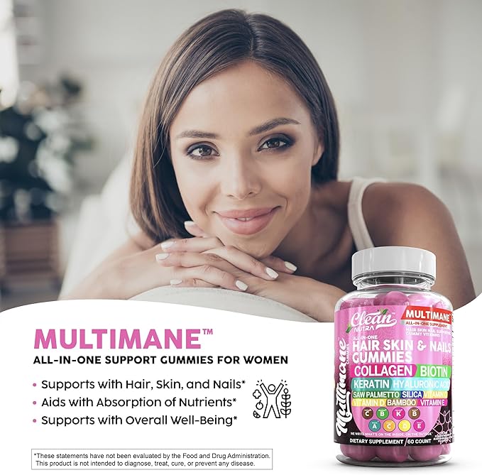 Clean Nutraceuticals Biotin Collagen Keratin Gummies | Hair Skin and Nails Vitamins for Women | Hyaluronic Acid Bamboo Vitamin A C D3 E Folate With Saw Palmetto Silica B3 B12 Vegan Gummy