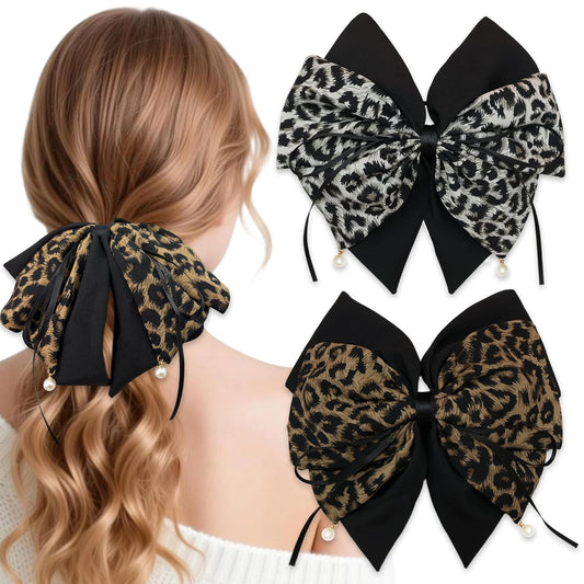 2PCS Leopard Pearl Print Bow Hair Ponytail Claw clip, Non-Slip Hair Grips for Women, Ribbon Bowknot Hair Clips French Style with Long Tail for Women Girls Ponytail Hair Decorations Accessories