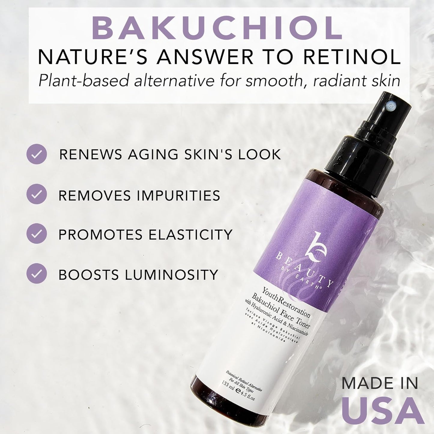 Bakuchiol Face Toner - USA Made with Natural & Organic Ingredients, Skin Toner for Oily and Acne Prone Skin, Spray Toner for Aging Skin, Smoothes Fine Lines & Wrinkles, Face Toner for Women Anti Aging