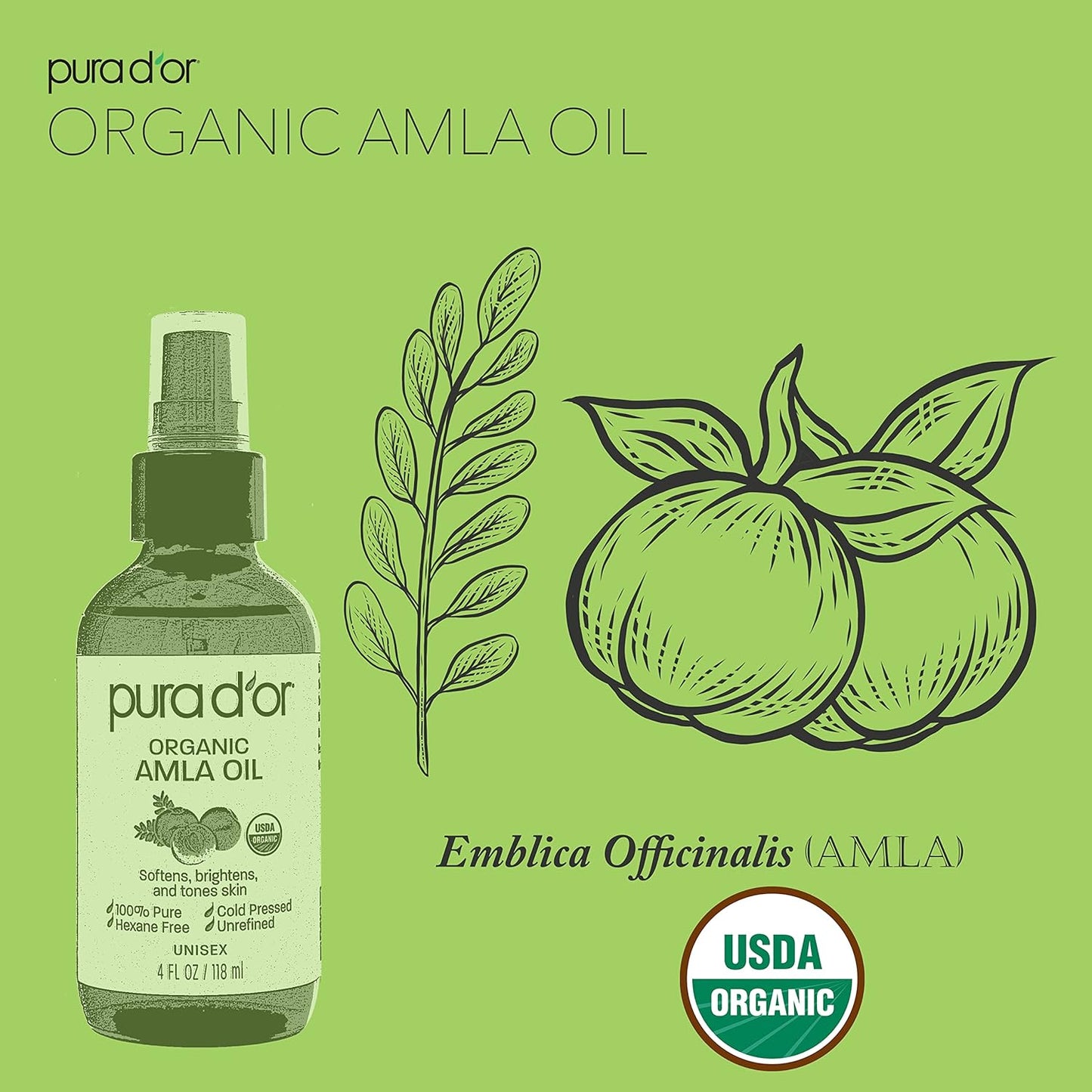 PURA D'OR 4 Oz ORGANIC Amla Oil, 100% Pure USDA Certified Premium Grade, Cold Pressed, Unrefined, Extra Virgin, Hair Serum & Thickening Hair Product w/Pump for Women & Men
