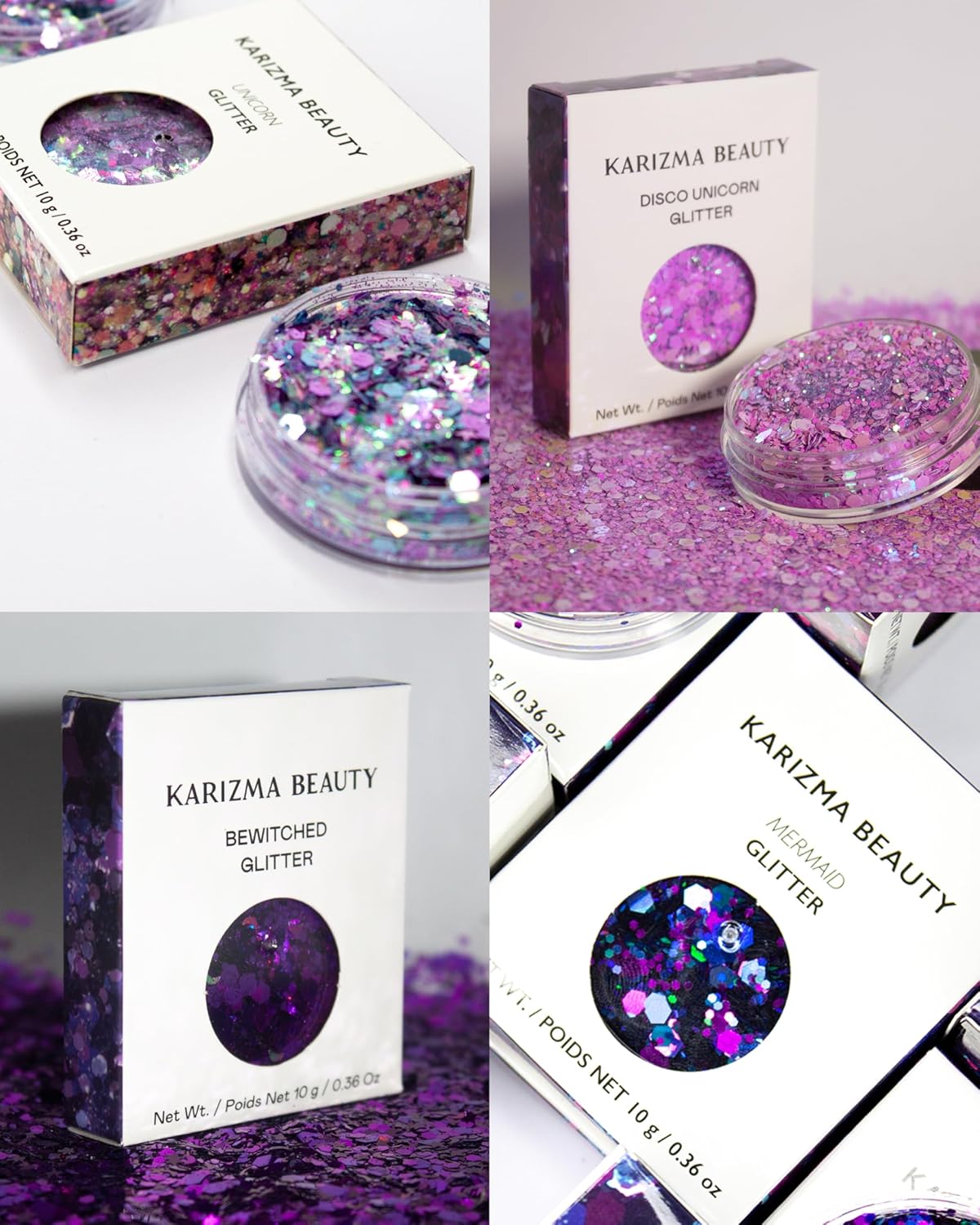 KARIZMA Enchanted Glitter Pack! 4x 10g Chunky Face Glitter, Hair Glitter, Eye Glitter and Body Glitter for Women and Men. Rave Glitter, Festival Accessories and Cosmetic Glitter Makeup.