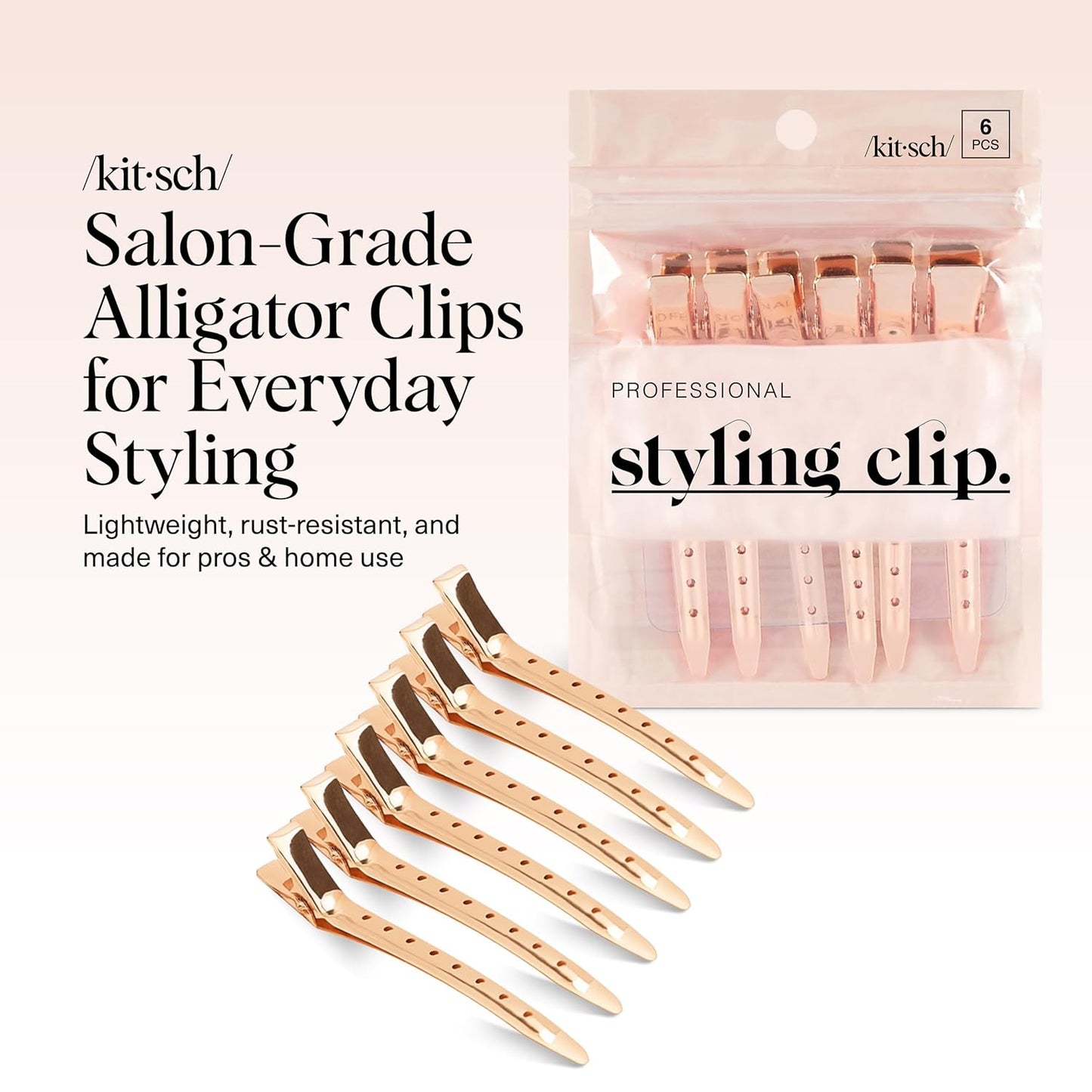 Kitsch Professional Alligator Clips for Hair Styling – 3.5" Aluminum Hair Sectioning Clips for Salon & Makeup Application | Ideal Gifts for Women – Rose Gold, 6 Pcs
