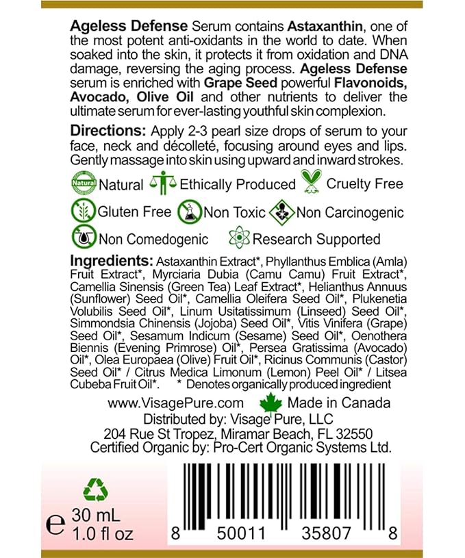 Ageless Defense -Cellular Restorative Astaxanthin Face Serum -by Visage Pure-Astaxanthin and Resveratrol Antiaging Serum. Protects the Skin From Aging-Organic-Physician Formulated-Research Supported