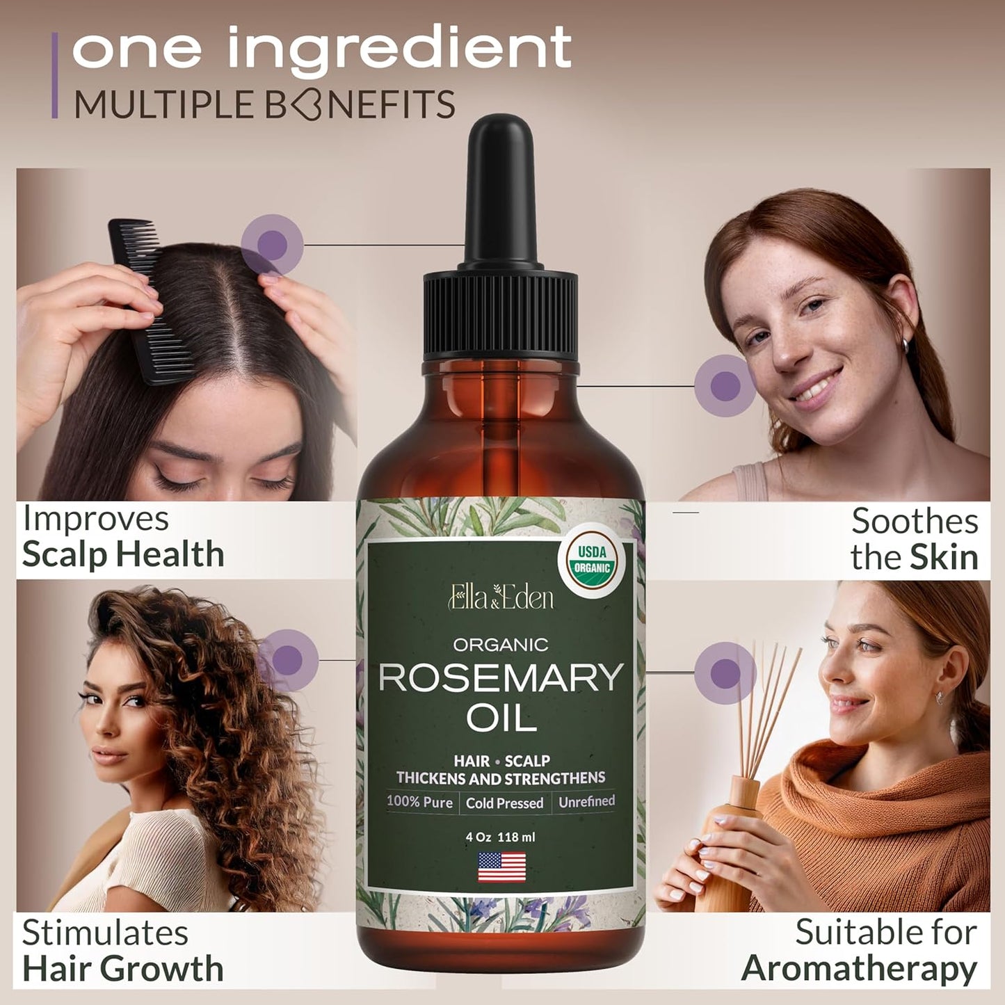 Ella & Eden Organic Rosemary Essential Oil - BIG 4 Oz bottle, 100% Pure, Steam-Distilled, Hexane-Free - for Hair Growth, Skin, Aromatherapy - Glass Bottle