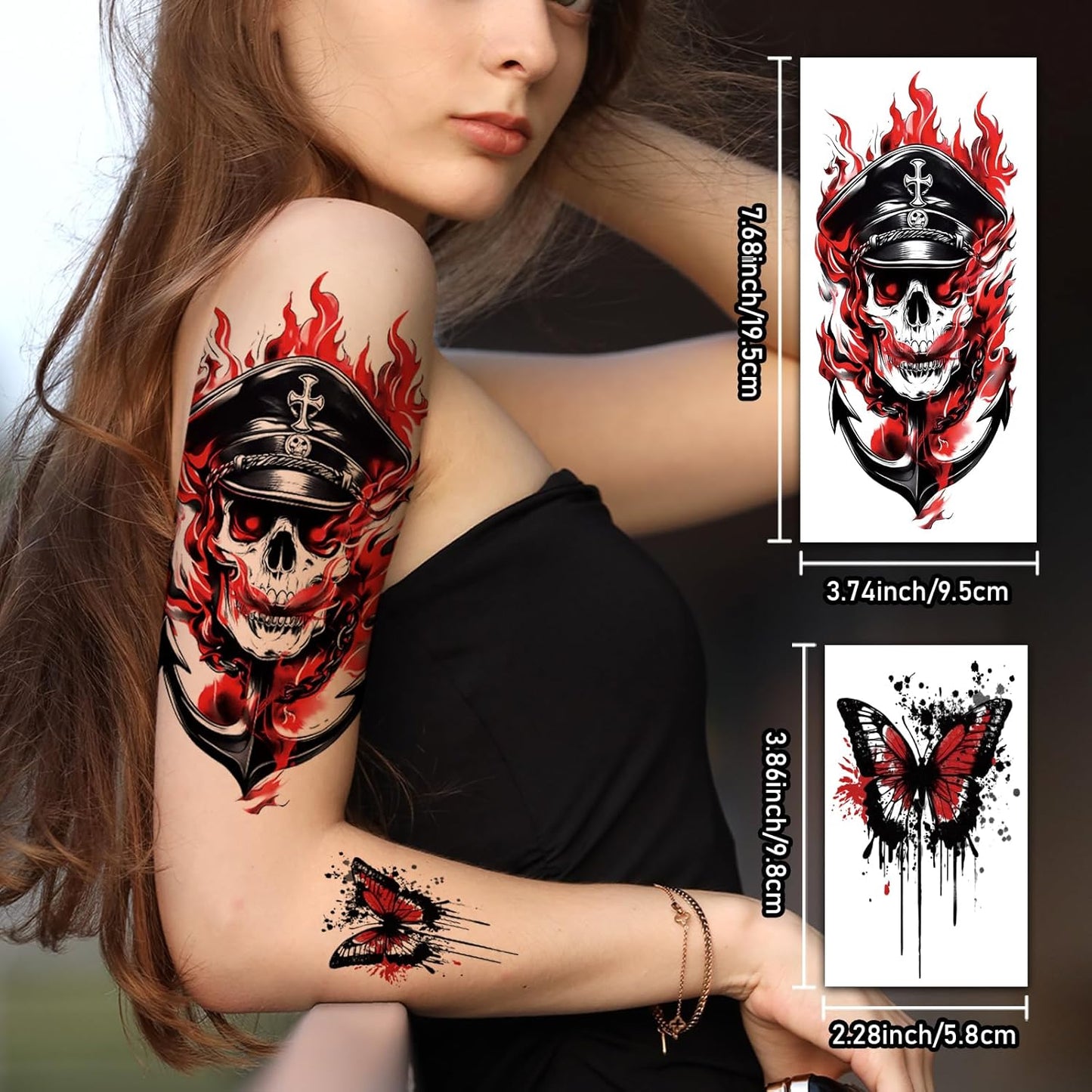 77 Sheets Temporary Tattoos, 17 Sheets Half Arm Black & Red Trash Polka Skull Heart Wolf Crow Cat Cross Flower for Adults Shoulder Neck, 60 Sheets Small Fake Tattoo Sticker for Teen Men Women Body Art