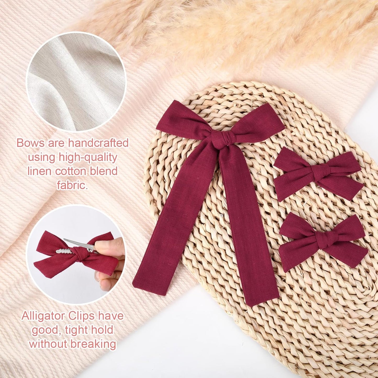 DEEKA Burgundy Cotton Linen Hair Bows 2 Sizes 5"&3.5" Soft Hair Bow set for Toddler Girls Long Ponytail Knot Bows Alligator Clip Hair Accessories for Little School Girls (Burgundy)