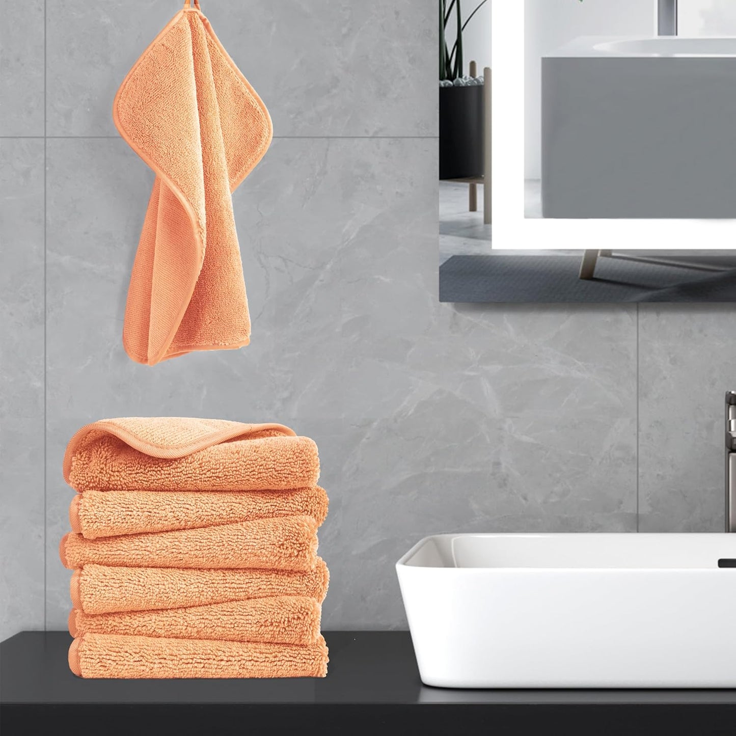 POLYTE Premium Lint Free Microfiber Washcloth Face Towel, 13 x 13 in, Set of 6 (Orange)