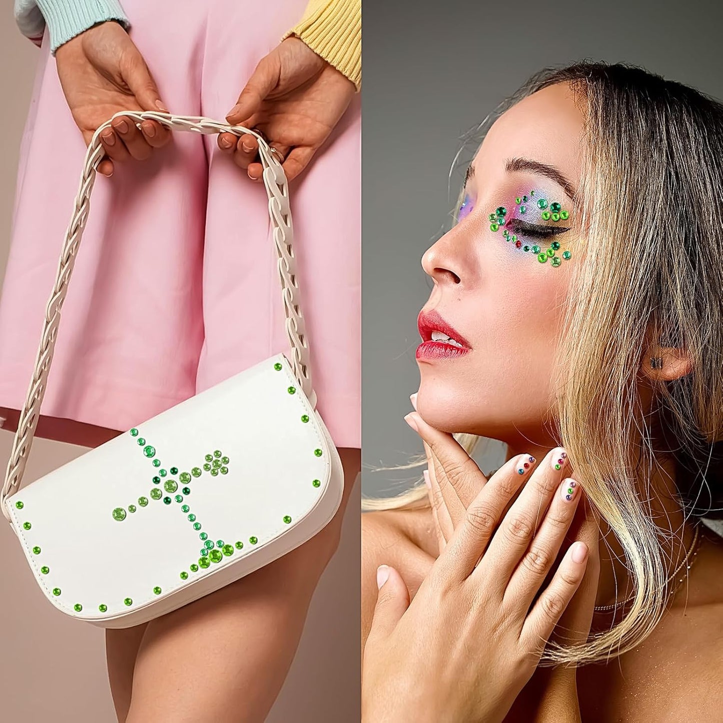 Self Adhesive Face Gems and Pearls for Makeup, Festival Jewels, Hair Gems, Rhinestone Stickers for Face, Eye, Makeup, Nail, Body, Crafts 3/4/5/6 mm 975Pcs (10.gem_mixedgreen)