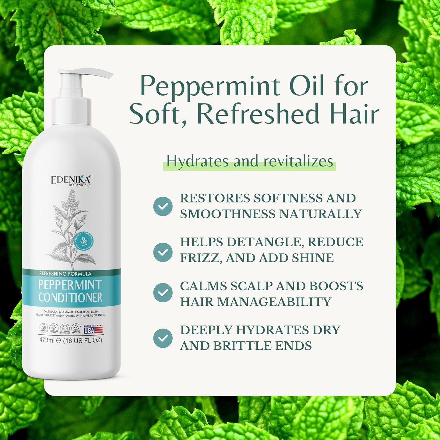 Peppermint Conditioner with Calendula, Bergamot & Castor Oil, 16 fl oz, Refreshing & Hydrating Formula, Vegan, Sulfate-Free, Paraben-Free, for All Hair Types