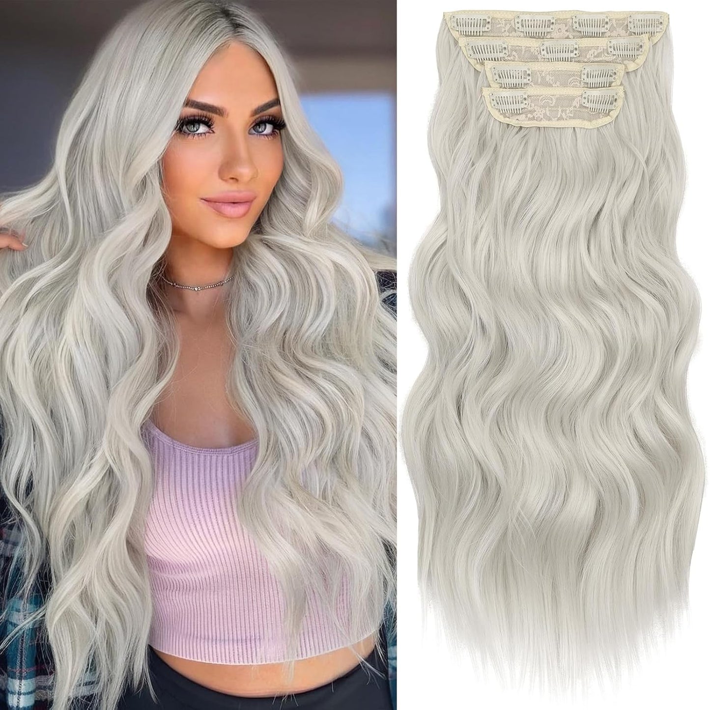 KooKaStyle Clip in Synthetic Hair Extensions Long Wavy 4PCS Thick Hairpieces Silver Grey Blonde Fiber Double Weft Natural Hair Extensions 20 Inch for Women