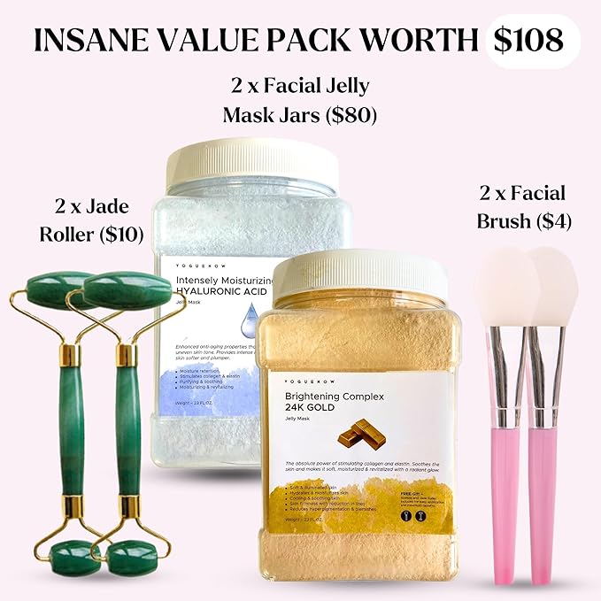 Jelly Face Mask for Facials - 24K Gold + Hyaluronic Acid (Pack of 2) - Hydrating Glowing & Nourishing - Free Jade Roller & Spatula - Professional Hydrojelly Masks -Perfect for Vajacial - 46 Oz Jar