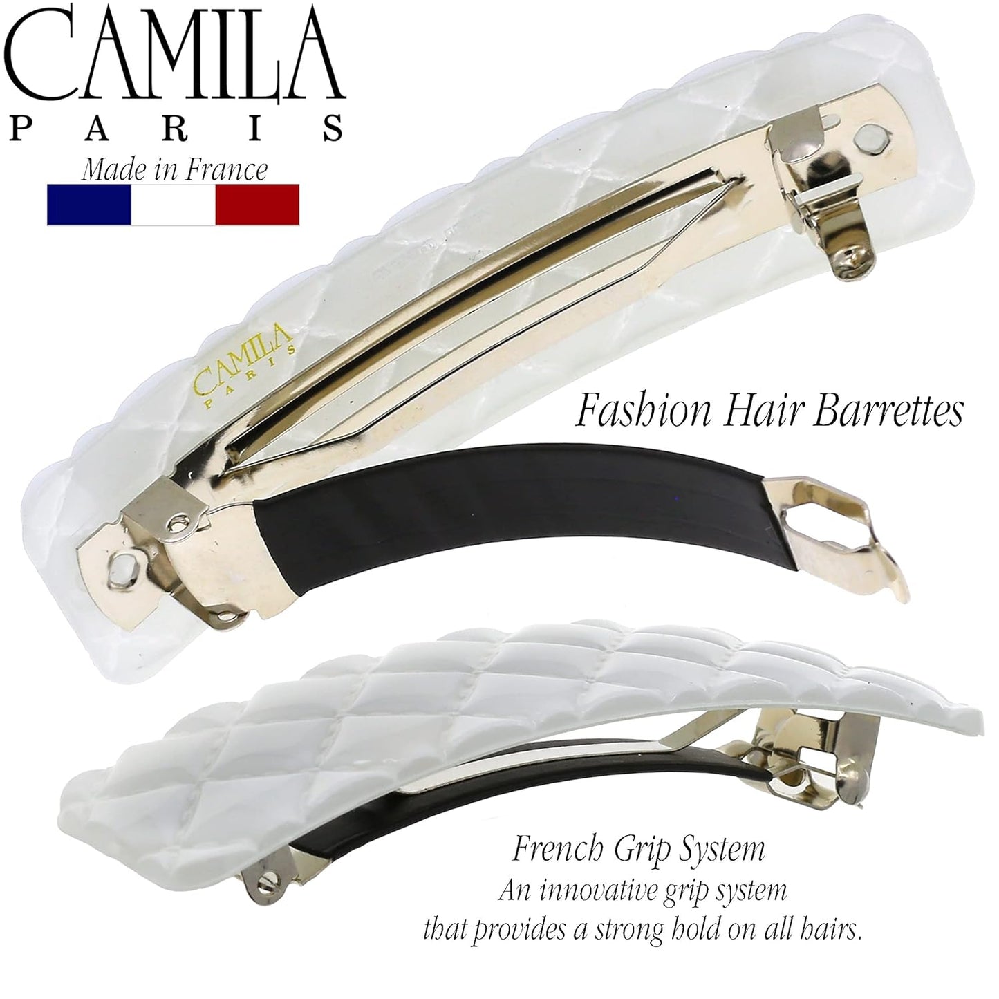 Camila Paris CP3248 French Hair Barrette Clip for Girls, White Shell, Rubberized Metal Closure Strong Hold Grip Hair Clips for Women, No Slip Durable Styling Girls Hair Accessories, Made in France