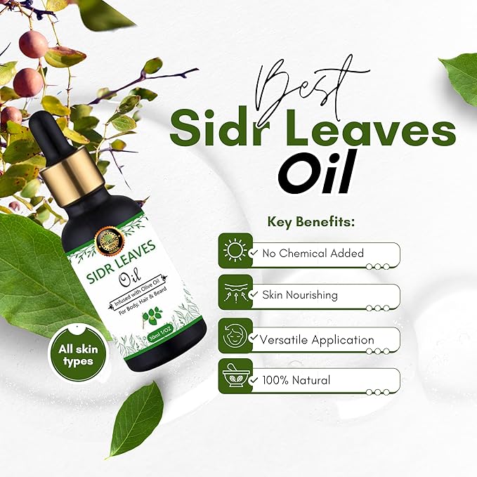 Sidr Leaves Oil -100% Natural Sidr Jujube Leaves, Infused w/Olive Oil- Promotes Healing For Body, Hair & Beard/For Ruqaiya/Skin Care, Dry Scalp, Frizzy, Strengthening- Non-GMO - 30ml