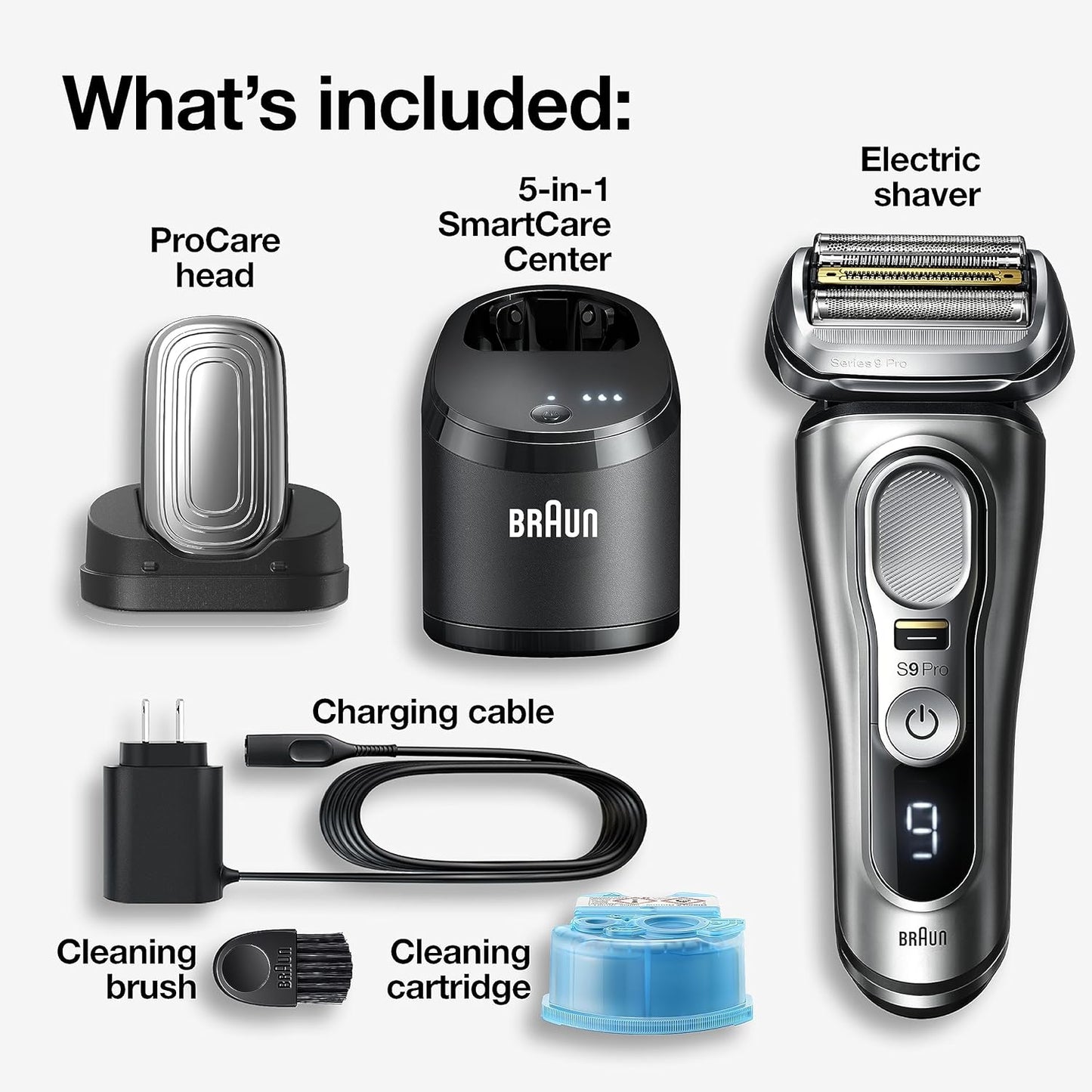 Braun Series 9 Pro 9487cc Electric Razor for Men, Wet & Dry, Rechargeable, Electric Shaver with Clean & Charge Station and ProCare Attachment